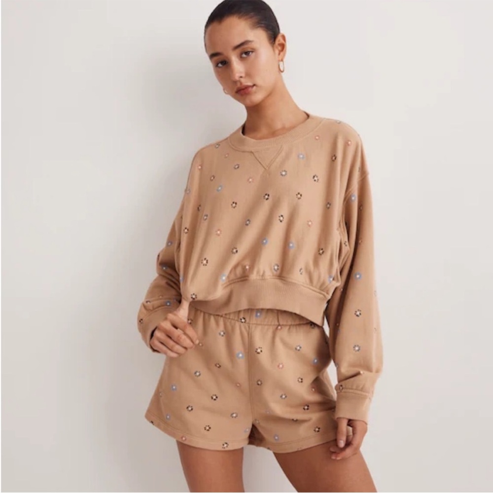 Madewell Floral Embroidered Cropped Sweatshirt Size M Beige